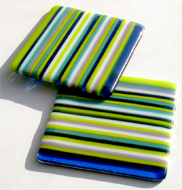 green blue lilac strip-fused glass coasters